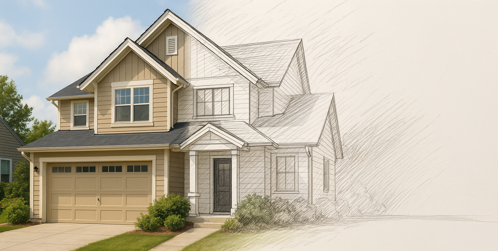 ein Haus, was zur Hälfte gezeichnet ist